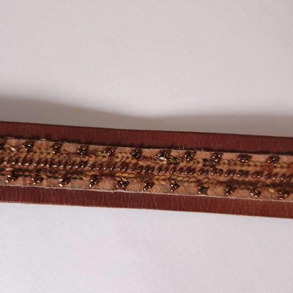 Abercrombie & Fitch Brown Leather Belt Womens S/M Sequins Beads Moose Logo Boho - Picture 13 of 16